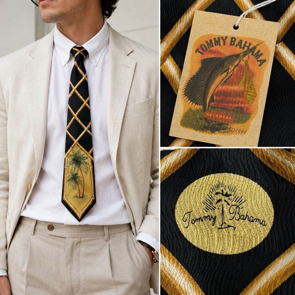 Tommy Bahama Trellis Bay Palms 100% Silk Tie NWT Black Gold Palm Tree Tropical